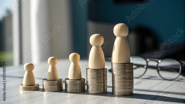 Fototapeta Stack of coins with wooden family figurines on top symbolizing life insurance, financial planning for family protection, and generational wealth accumulation under secure services
