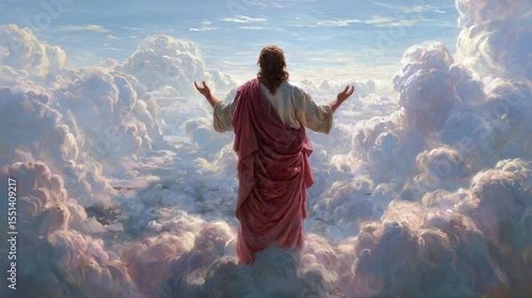 Obraz Rear view, Jesus Christ with his arms raised to the Sky - Salvation and resurrection concept