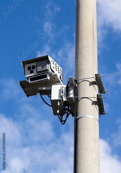 Fototapeta Security camera mounted on a utility pole against a clear blue sky in a suburban area during daylight hours
