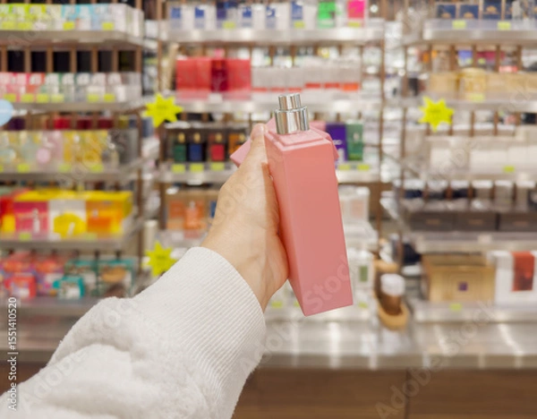 Obraz  buying make up at cosmetics section in store. choosing cosmetics, perfumes, creams and shampoos, Using tester.