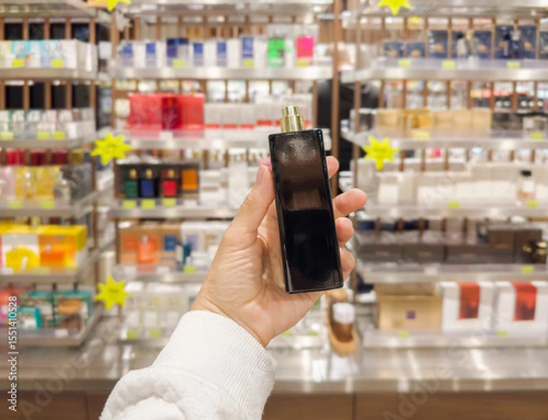Obraz  buying make up at cosmetics section in store. choosing cosmetics, perfumes, creams and shampoos, Using tester.