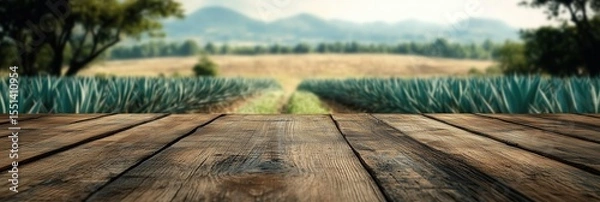 Obraz Close-Up of Rustic Empty Wooden Table with Blurred Mexican Agave Field Farm Background