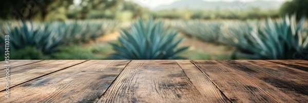 Obraz Close-Up of Rustic Empty Wooden Table with Blurred Mexican Agave Field Farm Background