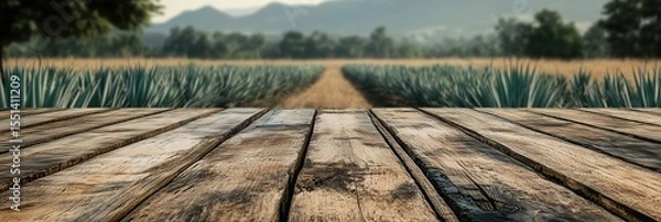 Obraz Close-Up of Rustic Empty Wooden Table with Blurred Mexican Agave Field Farm Background