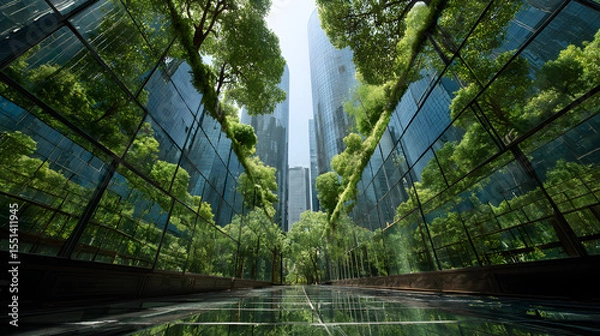Fototapeta Corporate glass building facade reflecting lush green trees, exemplifying the ESG (Environmental, Social, Governance) concept and the integration of sustainability into modern business pract44057037 1