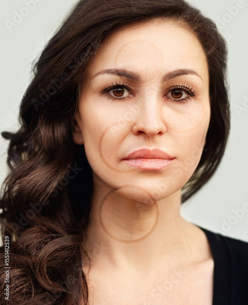 Obraz Signs of skin aging,signs of premature aging, Wrinkles and fine lines,Age spots,Sagging skin,Dehydrated skin,eyelid area