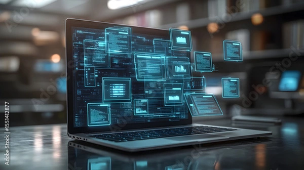 Fototapeta Laptop with digital files emerging from the screen, symbolizing efficient digital archiving, data storage, and seamless information management 44738323 3