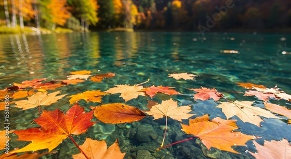 Fototapeta Autumnal Serenity: Maple Leaves Floating on a Crystal-Clear Lake