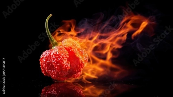 Obraz Hot Red Carolina Reaper Pepper with Flames on Black Background