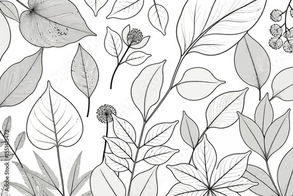 Fototapeta Botanical Line Art Background-Elegant Leaf and Flower Design-Minimalist Floral Pattern for Creative Projects-Nature Inspired Art-Black and White Illustration