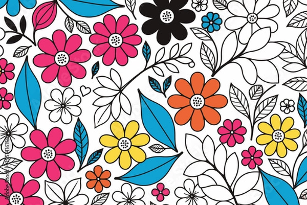 Fototapeta Colorful Floral Pattern Background - Fun and Vibrant Flower Design - Cheerful Botanical Illustration - White Background- Nature Inspired- Fresh Spring Theme