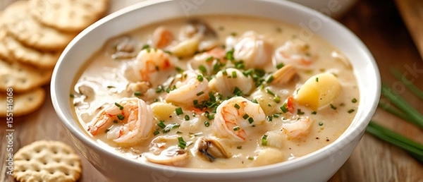 Fototapeta Creamy Seafood Chowder with Shrimp and Scallops in a White Bowl