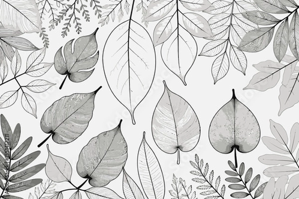 Fototapeta Elegant Leaf Line Art-Botanical Illustration in Gray-Scale-Detailed Nature Drawing-Minimalist Leaf Pattern-Sophisticated Leaf Design-Nature Inspired Art Print
