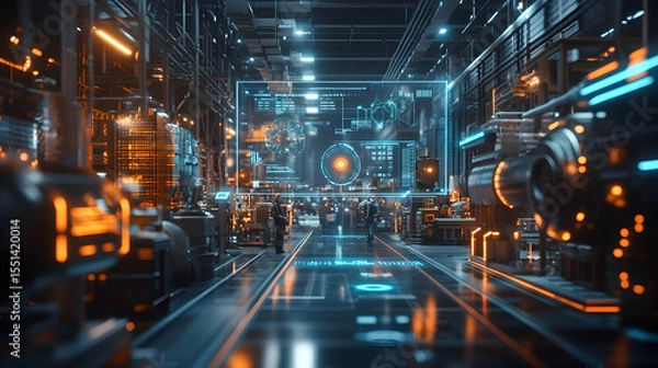 Fototapeta Futuristic smart factory illustration featuring advanced AI, IoT, and robotics integrated into manufacturing processes to enhance efficiency and productivity  19034365 3