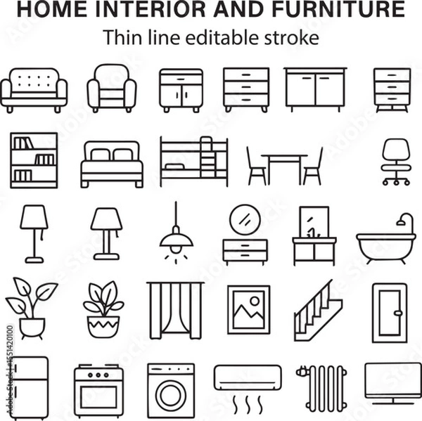 Fototapeta Home interior and furniture icon set. Thin line editable stroke icons for interior design, decoration, home styling, appliances, renovation, architecture