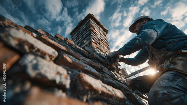 Fototapeta Worker performing chimney repair on rooftop, focusing on safety measures and ensuring long-term durability of the structure 66010736 1