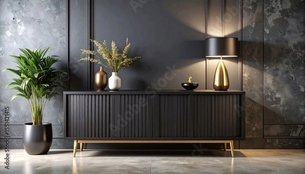 Obraz Matte black sideboard with fluted detailing and soft edges, centered on warm concrete with soft side lighting. 