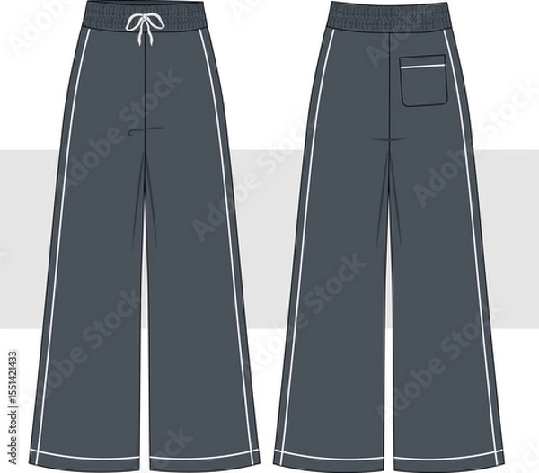 Obraz Women's wide leg,  elastic high waist pants, sweatpants fashion technical drawing, illustration. Front and back view, Cad, Mockup set.