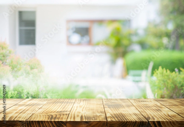 Fototapeta Beautiful pine wood texture  tabletop with a bright, natural blurred and home wall background.For showcasing product or presentation.
