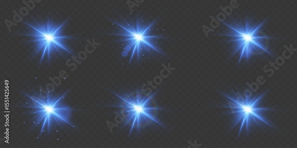 Fototapeta Blue glowing light effects set with sparkles and lens flare. On transparent background