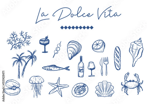 Fototapeta Dolce Vita hand drawn food and seashell illustration. Breakfast, lunch doodle icons. Vector of wine glass, seafood, olives and nature illustrations for invitations, menus and parties. Coastal Italian