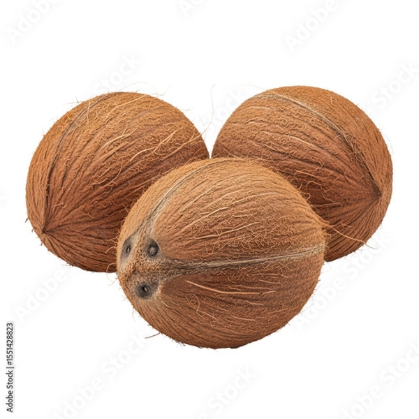 Fototapeta Three whole coconuts with brown fibrous husks. Tropical fruit often used in desserts, drinks, and savory dishes.