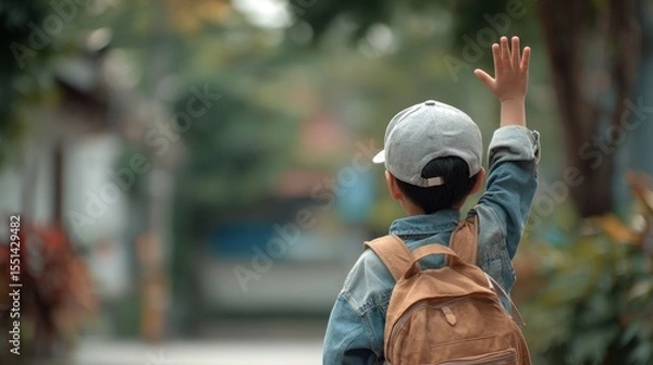 Obraz Child Goodbye. Asian Boy Waving Bye While Heading Back to School with Backpack