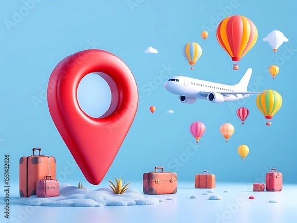 Fototapeta 3D illustration of a red location pin with airplane, hot air balloons, and suitcases flying around. Perfect for travel apps, booking platforms, or vacation-themed promotional visuals