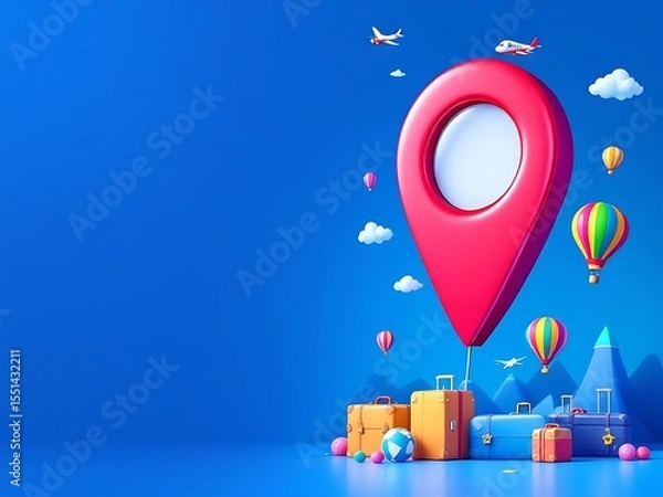 Fototapeta 3D illustration of a red location pin with airplane, hot air balloons, and suitcases flying around. Perfect for travel apps, booking platforms, or vacation-themed promotional visuals