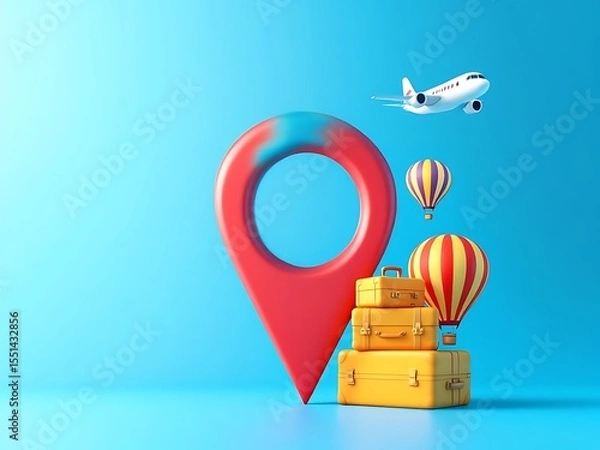 Fototapeta 3D illustration of a red location pin with airplane, hot air balloons, and suitcases flying around. Perfect for travel apps, booking platforms, or vacation-themed promotional visuals