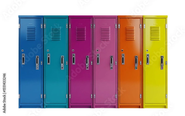 Fototapeta Brightly colored row of school lockers captured from the front showcasing a mix of hues and symmetrical design typical of educational institutions isolated on transparent background PNG