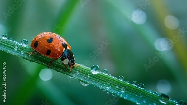 Fototapeta A vibrant ladybug climbs a green blade of grass adorned with glistening droplets of morning dew.