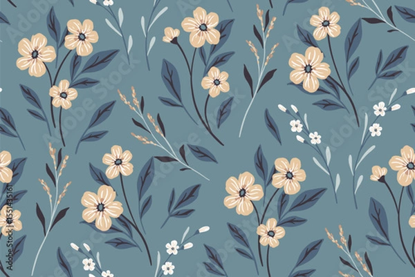 Fototapeta Seamless floral pattern, abstract ditsy print in vintage style. Elegant botanical wallpaper, textile design in blue. Small hand drawn wild flowers, tiny twigs, leaves. Vector illustration.