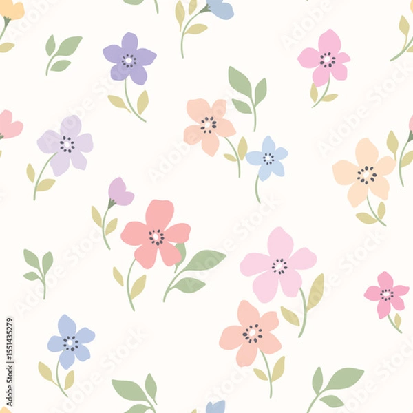 Fototapeta Seamless floral pattern, liberty ditsy print of pretty simple flowers in pastel spring colors. Cute botanical design, repeat tile of small hand drawn daisy flowers, tiny leaves. Vector illustration.