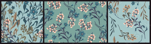 Fototapeta Seamless floral pattern, abstract nature print with wild plants in vintage style. Elegant botanical design of small hand drawn flowers on branches, leaves, wild plants, blue field. Vector illustration