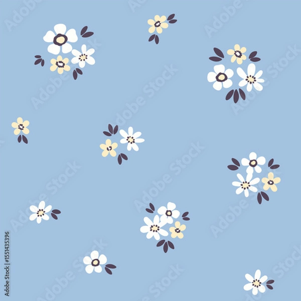 Fototapeta Seamless floral pattern, liberty ditsy print of pretty daisies in mini bouquets on blue. Cute botanical design of small hand drawn flowers, tiny leaves.  Simple textile fashion. Vector illustration.