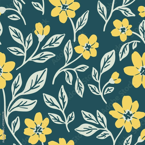 Fototapeta Seamless floral pattern, abstract ditsy print of simple hand drawn flowers branches. Decorative botanical design in vintage motif. Small yellow flowers, branches, leaves on blue. Vector illustration.