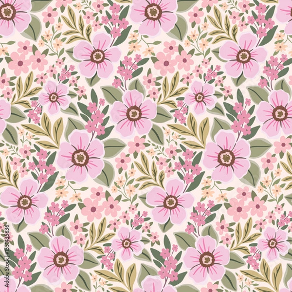 Fototapeta Seamless floral pattern, abstract ditsy print of gentle decorative art meadow. Cute botanical design of large hand drawn flowers, small leaves. Folk motif ornament in pastel colors Vector illustration