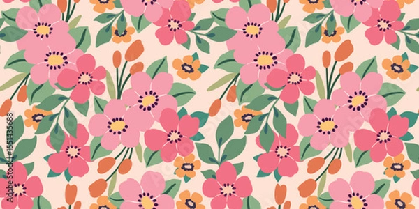 Fototapeta Seamless floral pattern, liberty ditsy print of gentle floral meadow in romantic pastel colors. Cute botanical design of small hand drawn flowers, tiny leaves, simple plants. Vector illustration.