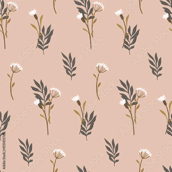 Fototapeta Seamless floral pattern, delicate autumn floral print with simple wild plants. Elegant botanical design in vintage motif. Small hand drawn flowers, leaves on beige background. Vector illustration.