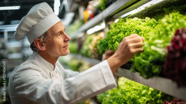 Fototapeta Chef inspecting vegetables in kitchen inventory for food safety and quality control in hotel restaurant
