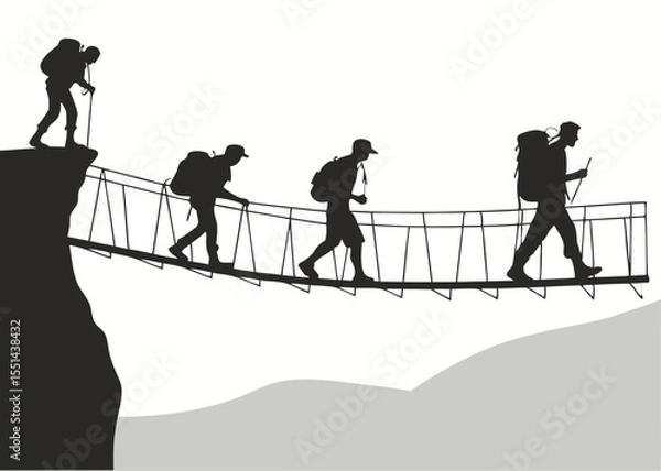 Obraz Silhouette of Hikers Crossing a Rope Bridge in the Mountains Teamwork Concept