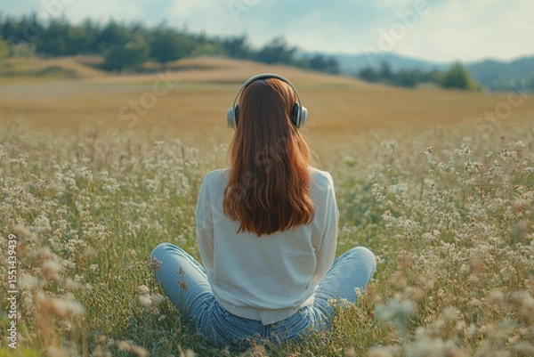 Fototapeta Back view of redhead girl with headphones sitting in field in summer. Enjoying nature and music.