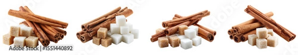 Fototapeta Aromatic cinnamon stick with raw sugar cubes, culinary spice for a delicious food ingredient, PNG set with transparent background