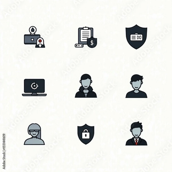 Fototapeta A set of flat design icons representing cybersecurity, user profiles, data protection and secure access, arranged in a 3x3 grid on a light textured background