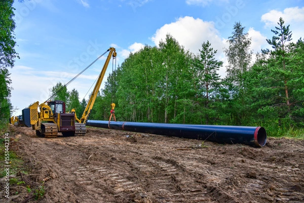 Obraz Pipeline Construction. Natural Gas Pipeline trench in ground on sunset.  LNG, LPG. Oil and Gas Transportation crude oil, natural gas. Crude pipeline. Pipework. Pipes for Petrochemical.