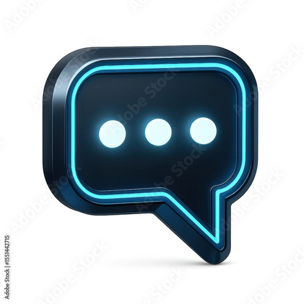Fototapeta Neon Speech Bubble: A sleek, modern icon of a chat bubble, rendered in a striking, digital aesthetic, glows with a neon outline and three glowing dots, suggesting online conversation and messaging.