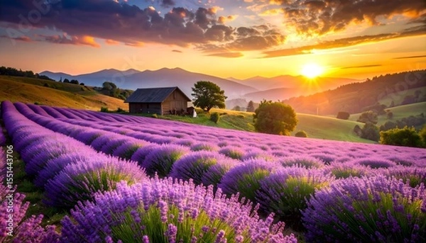 Obraz Cabin in lavender valley during sunset high resolution photo