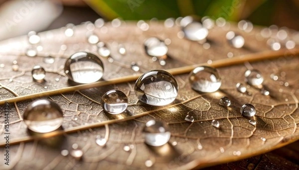 Obraz Clear water drops resting on leaf high resolution photo