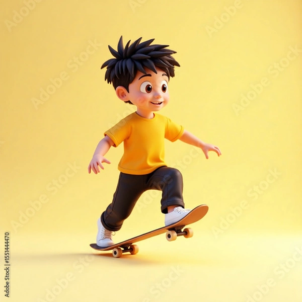 Obraz 3D render of a cute boy mid-glide in skate pose, yellow shirt, black pants, white sneakers, realistic, summer season, summer vibes, summer skating playing